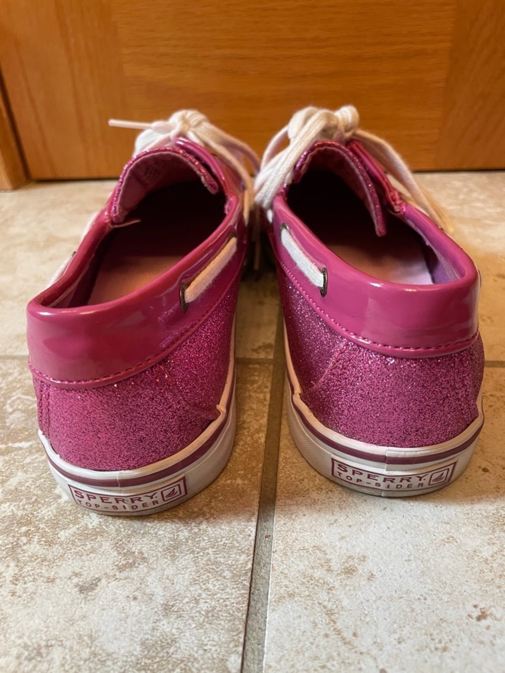 Sperry Women's Magenta Glitter Boat Shoes with White Laces - Picture 3 of 5